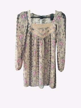 Crimson & Clover Boho Floral Lace Yoke Long Sleeve Mini Dress XS